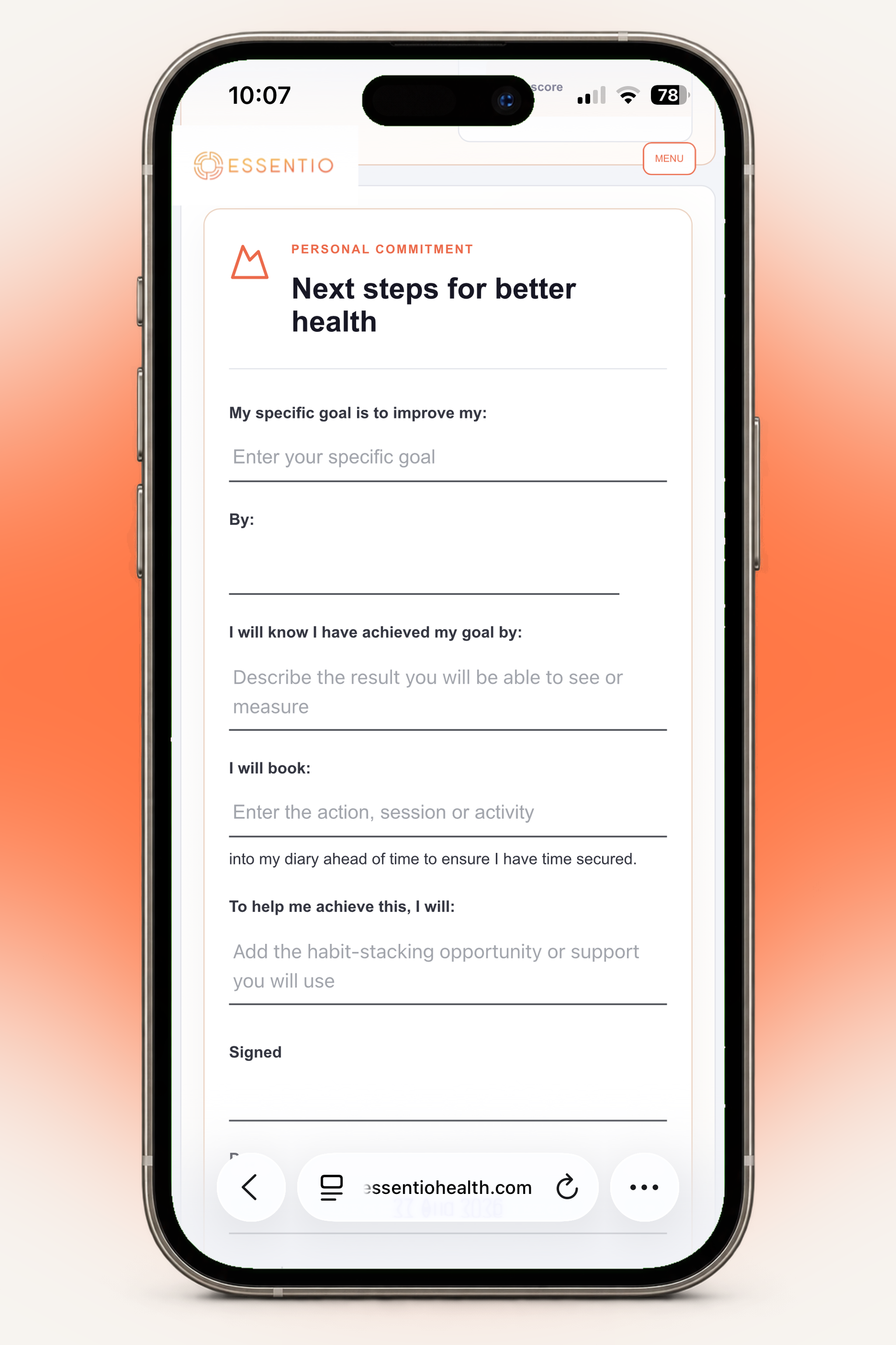 Essentio Digital personal commitment pledge on iPhone
